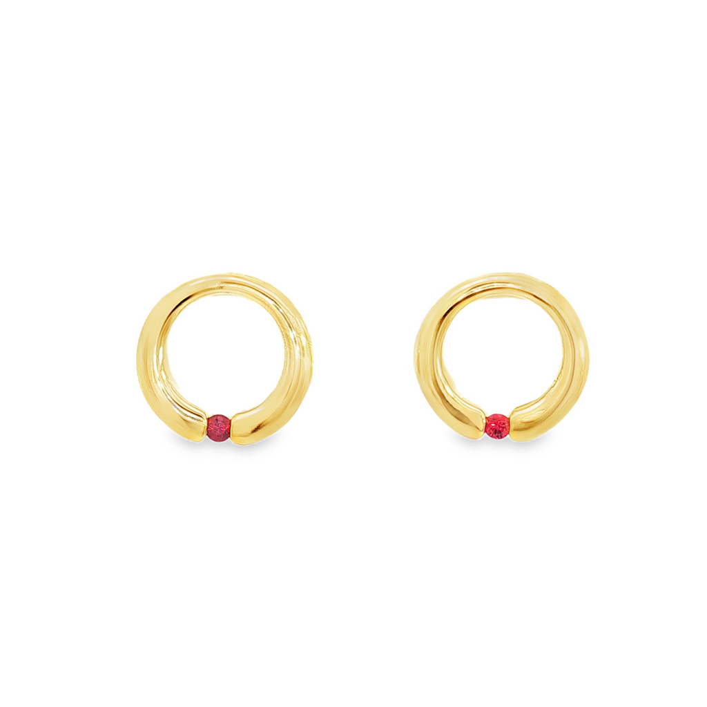 9ct yellow gold open circle stud earrings featuring single round rubies at the base.