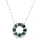 18ct white gold circle necklet featuring alternating teal blue-green sapphires and diamonds in claw settings, suspended on a fine 45cm belcher link chain.