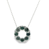 18ct white gold circle necklet featuring alternating teal blue-green sapphires and diamonds in claw settings, suspended on a fine 45cm belcher link chain.