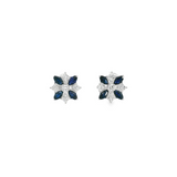 18ct white gold stud earrings in a floral design with marquise-cut sapphires and round brilliant-cut diamonds, post and butterfly fittings.