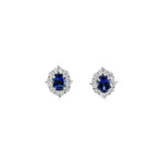 18ct white gold sapphire and diamond stud earrings with oval centre sapphires surrounded by alternating sapphires and diamonds in a cluster design, post and butterfly fittings.