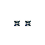 18ct white gold sapphire and diamond flower stud earrings with marquise sapphires and round brilliant diamonds.