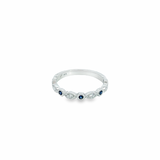 9ct white gold sapphire and diamond ring with alternating hexagonal and marquise bead set stones