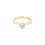 18ct yellow and white gold solitaire ring featuring a 0.40ct F/SI1 round brilliant cut diamond in a six-claw setting.