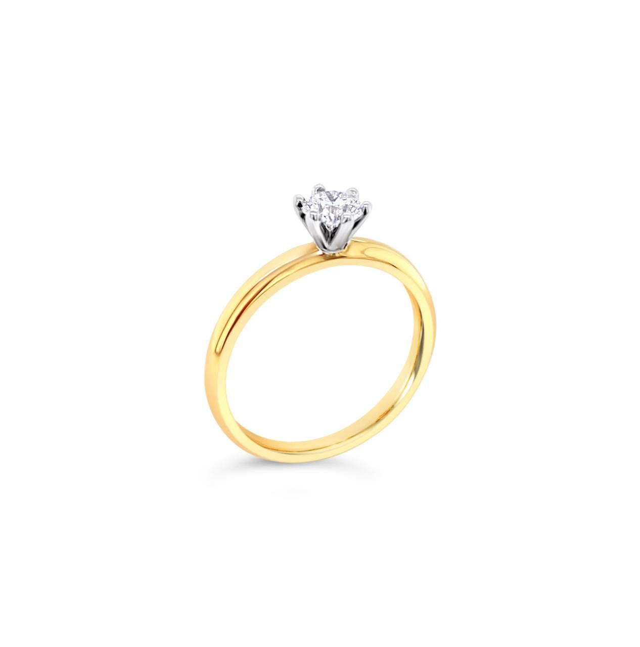 18ct yellow and white gold solitaire ring featuring a 0.40ct F/SI1 round brilliant cut diamond in a six-claw setting.