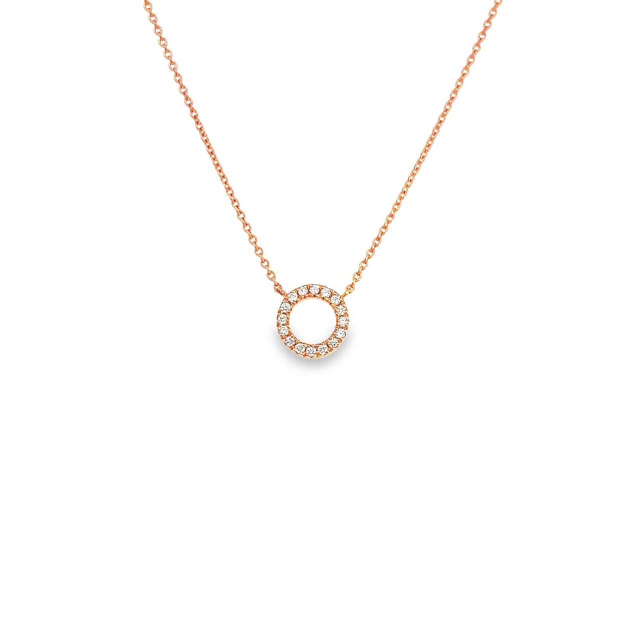 18ct rose gold small Circle of Life necklet featuring 16 claw-set round brilliant cut diamonds on a fine trace chain.