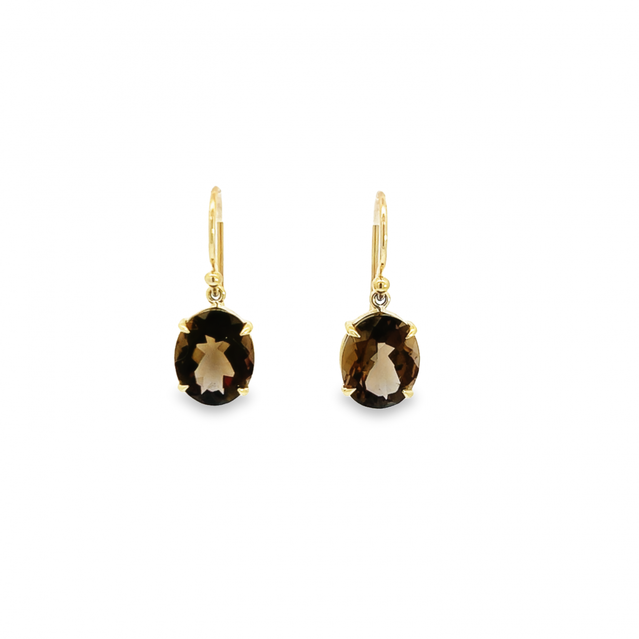 9ct yellow gold drop earrings featuring 11x9mm oval smoky quartz gemstones in four-claw open-back settings with articulated hook fittings.