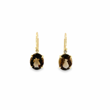 9ct yellow gold drop earrings featuring 11x9mm oval smoky quartz gemstones in four-claw open-back settings with articulated hook fittings.