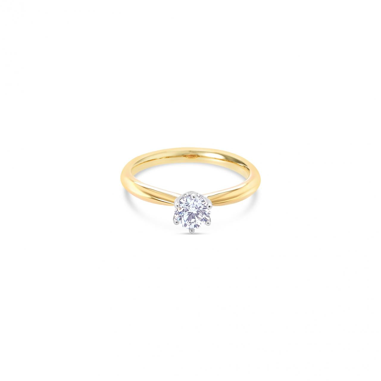 18ct yellow and white gold solitaire diamond ring featuring a 0.40ct round brilliant cut diamond in a six-claw setting.