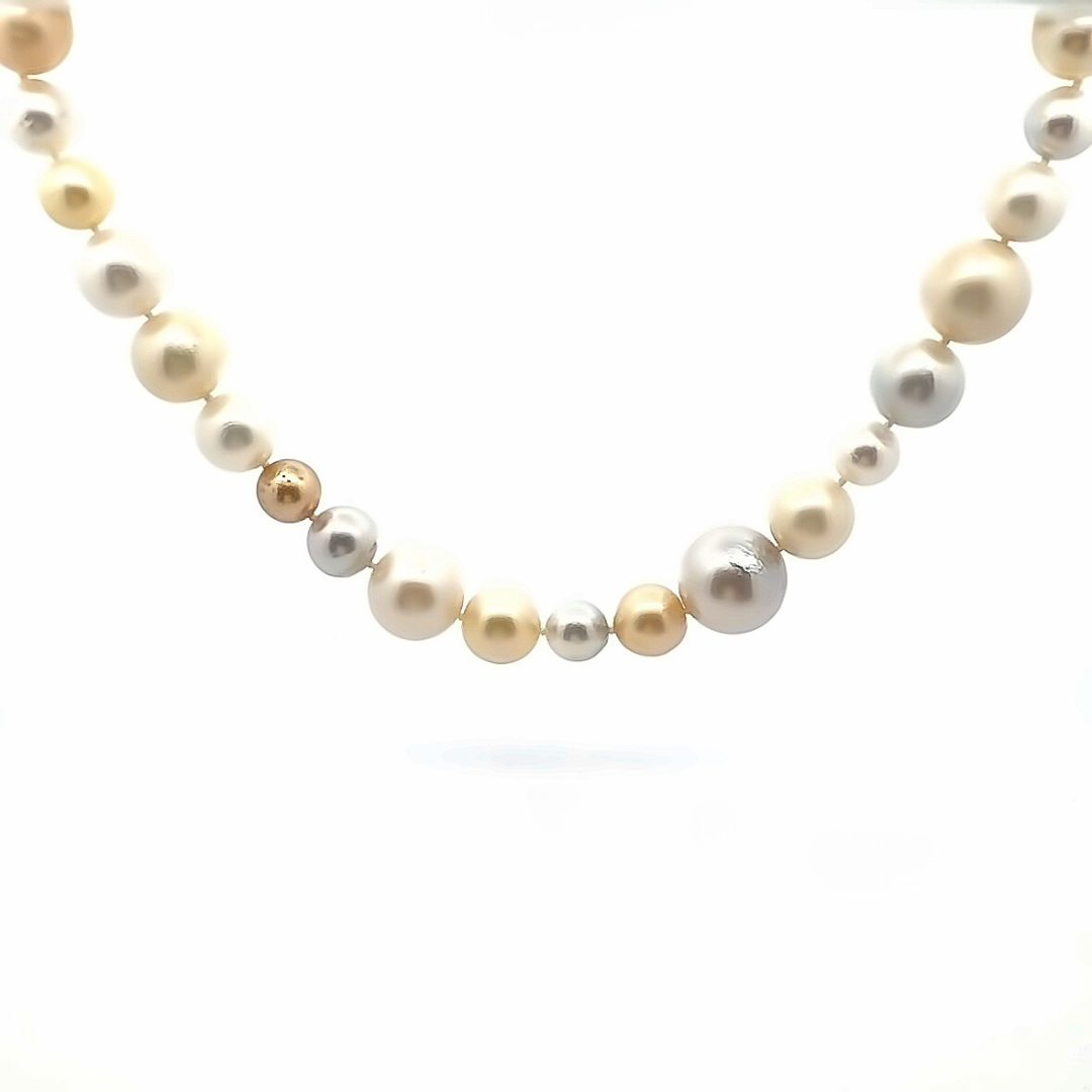 Strand of 40 South Sea pearls in assorted pastel tones measuring 8–17mm, individually knotted and finished with an 18ct yellow gold invisible clasp.