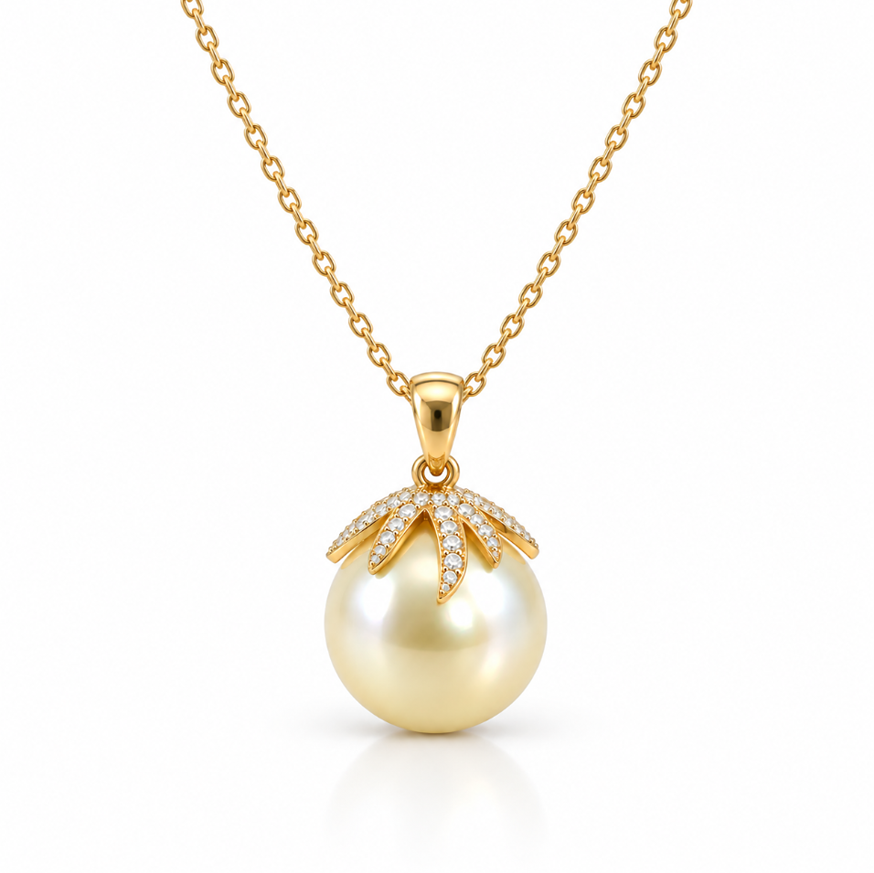 18ct yellow gold South Sea pearl and diamond pendant featuring a 14mm light golden pearl with a sculptural pavé diamond-set cap.