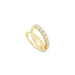 18ct yellow gold split band diamond ring featuring one high-domed angled band and one claw-set diamond band across the top.