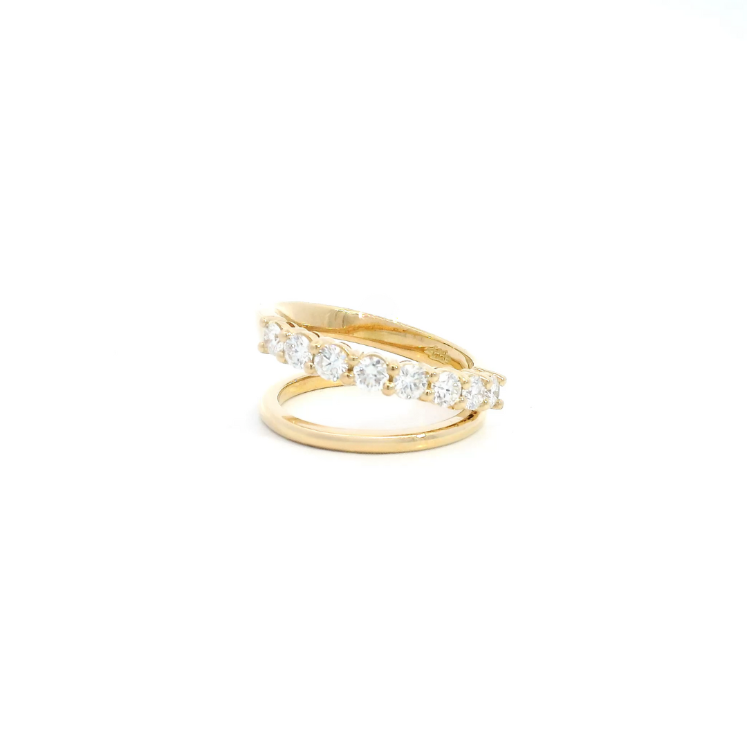 18ct yellow gold split band diamond ring featuring one high-domed angled band and one claw-set diamond band across the top.