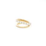 18ct yellow gold split band diamond ring featuring one high-domed angled band and one claw-set diamond band across the top.