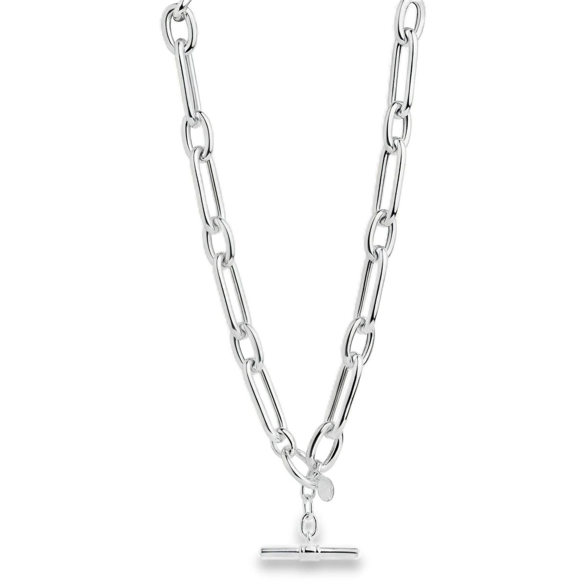 Sterling silver necklet with alternating oval links and T-bar clasp.
