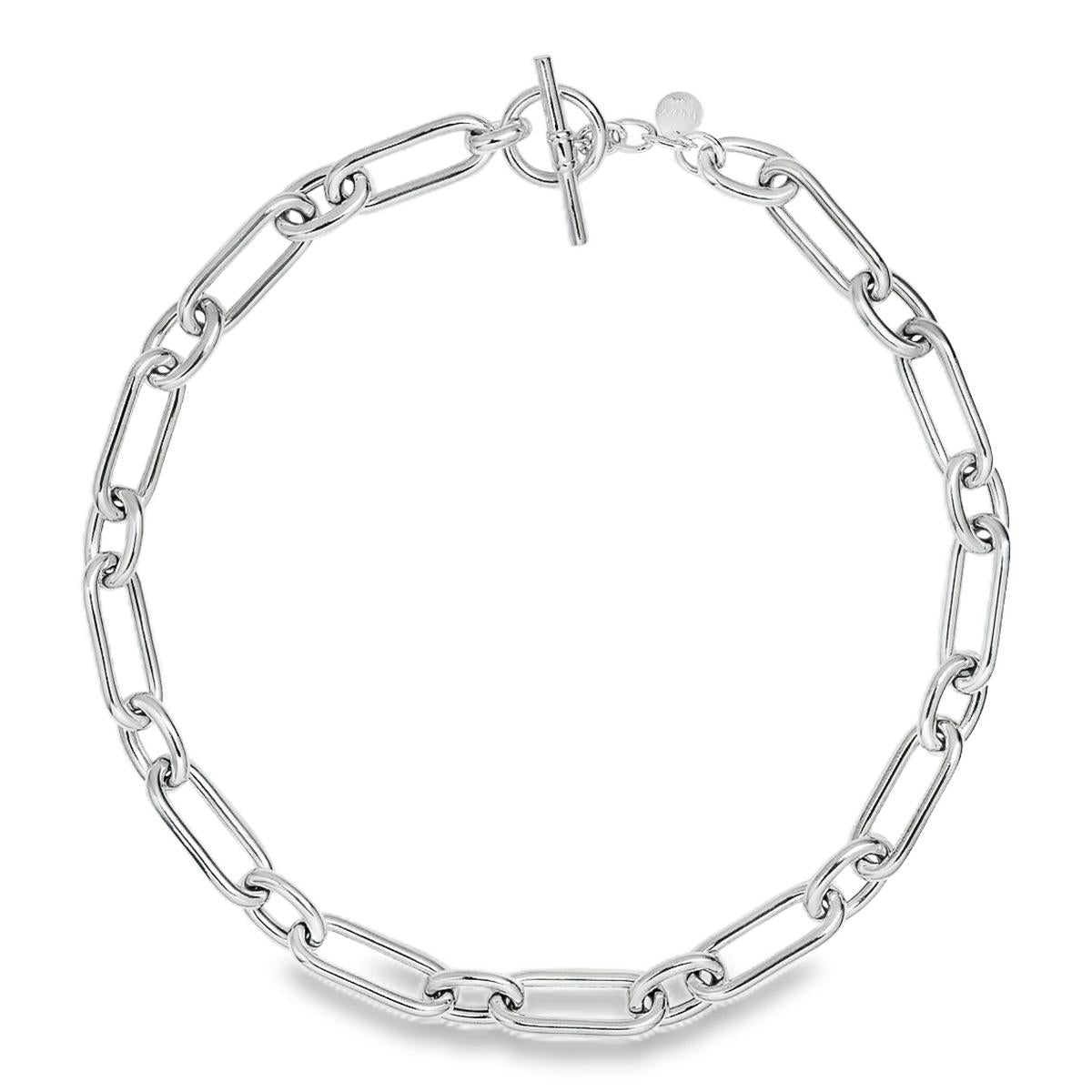 Sterling silver necklet with alternating oval links and T-bar clasp.