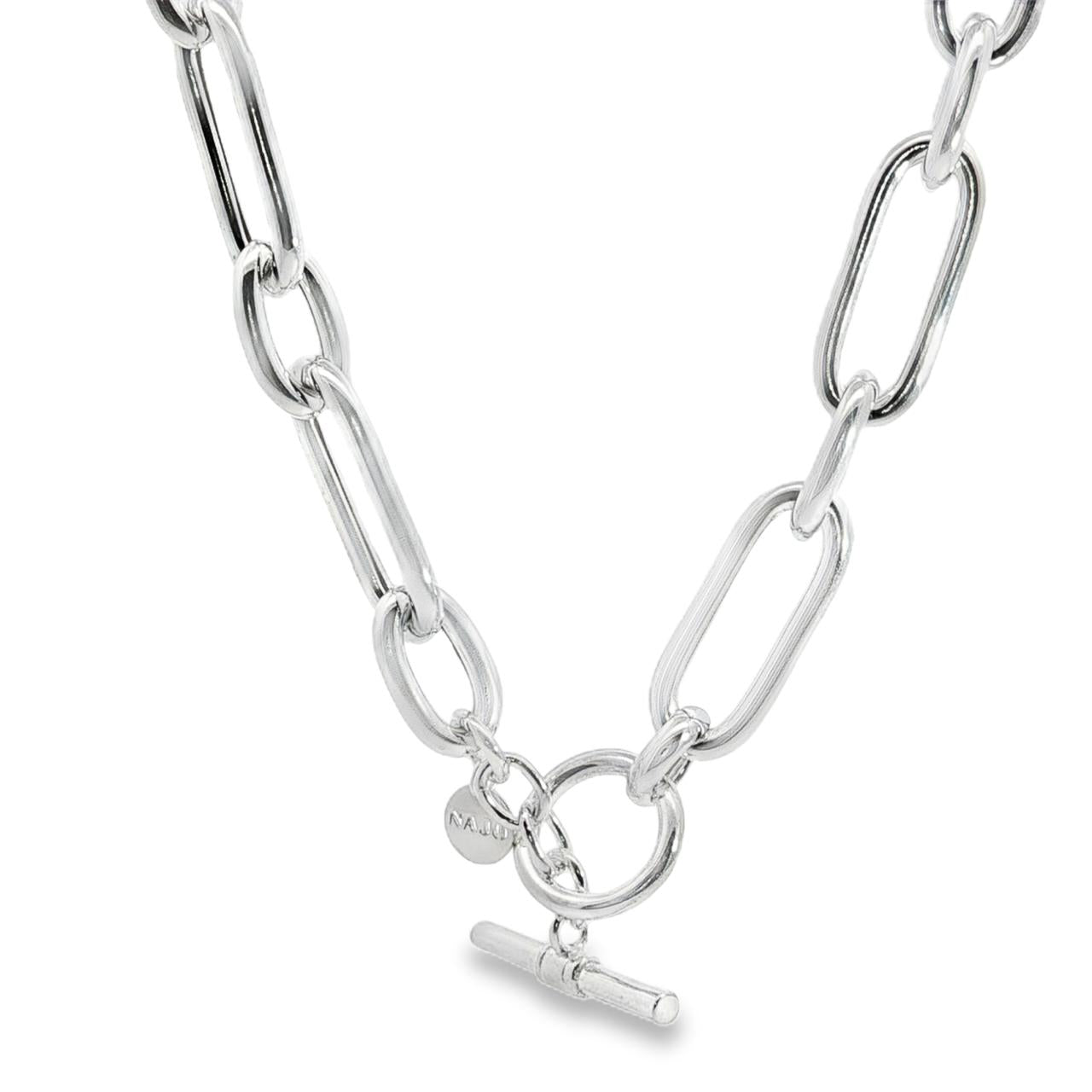 Sterling silver necklet with alternating oval links and T-bar clasp.