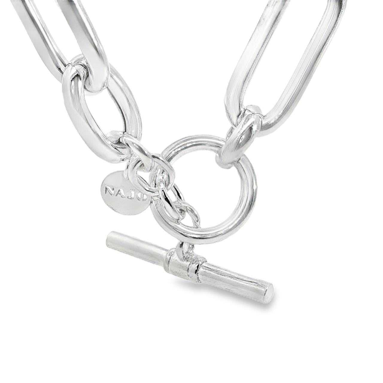 Sterling silver necklet with alternating oval links and T-bar clasp.