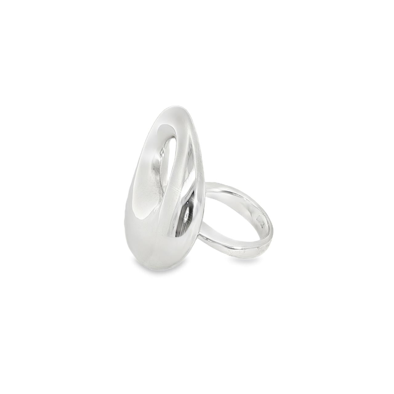 Sterling silver ring with chunky asymmetric open oval-shaped polished top, modern sculptural design.