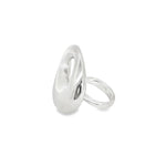 Sterling silver ring with chunky asymmetric open oval-shaped polished top, modern sculptural design.