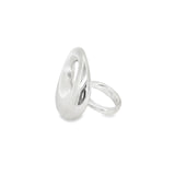 Sterling silver ring with chunky asymmetric open oval-shaped polished top, modern sculptural design.