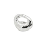 Sterling silver ring with chunky asymmetric open oval-shaped polished top, modern sculptural design.