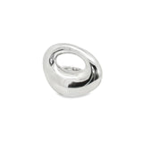 Sterling silver ring with chunky asymmetric open oval-shaped polished top, modern sculptural design.