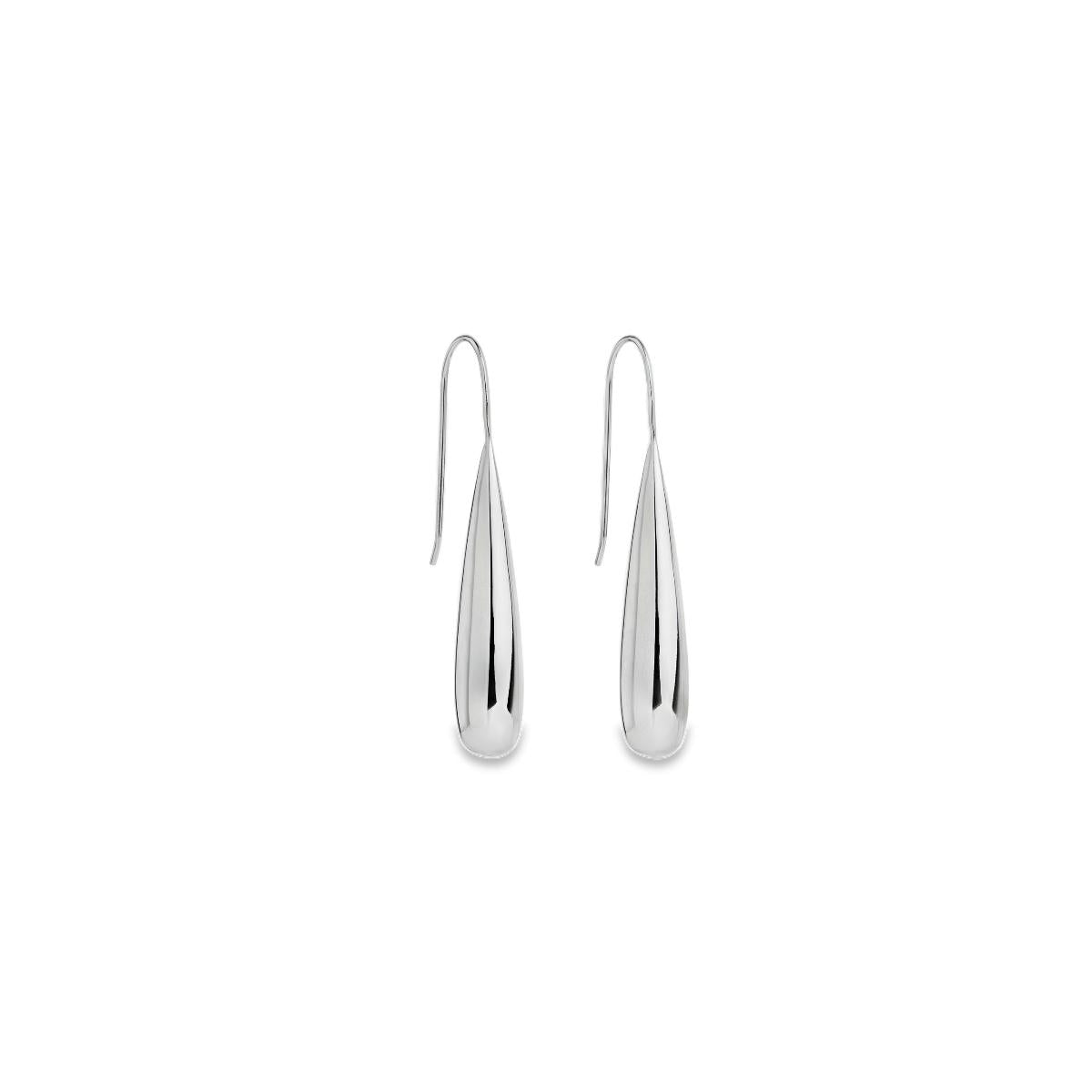 Sterling silver baton-shaped dewdrop drop earrings with fixed hooks.