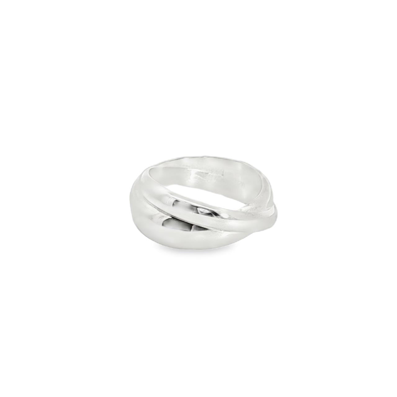 Sterling silver double-band cross-over ring with a polished finish, showcasing a sleek contemporary design.