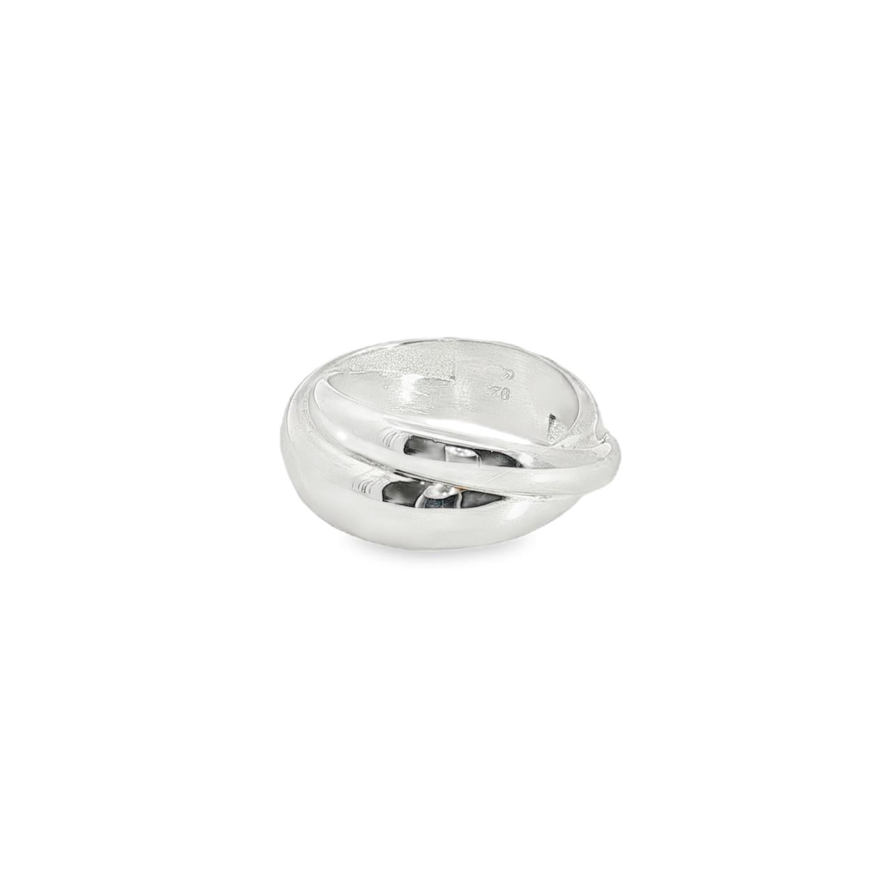 Sterling silver double-band cross-over ring with a polished finish, showcasing a sleek contemporary design.