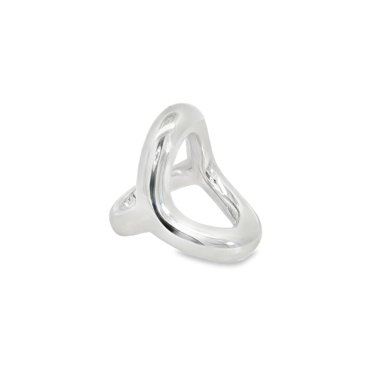 Sterling silver chunky ring with curved open oval-shaped polished top, modern sculptural statement design.