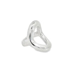 Sterling silver chunky ring with curved open oval-shaped polished top, modern sculptural statement design.
