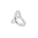 Sterling silver chunky ring with curved open oval-shaped polished top, modern sculptural statement design.