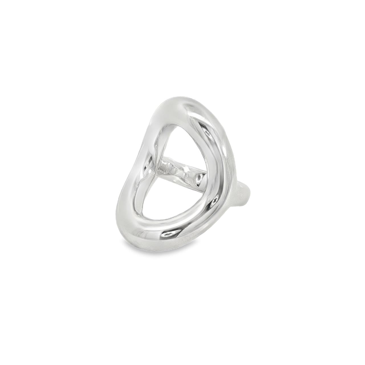 Sterling silver chunky ring with curved open oval-shaped polished top, modern sculptural statement design.