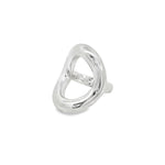 Sterling silver chunky ring with curved open oval-shaped polished top, modern sculptural statement design.