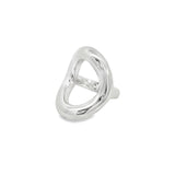 Sterling silver chunky ring with curved open oval-shaped polished top, modern sculptural statement design.