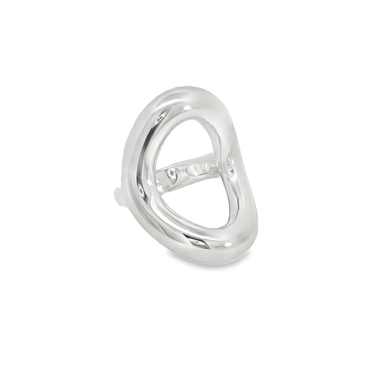 Sterling silver chunky ring with curved open oval-shaped polished top, modern sculptural statement design.