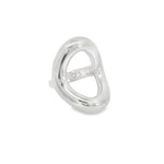 Sterling silver chunky ring with curved open oval-shaped polished top, modern sculptural statement design.