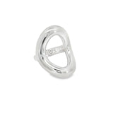 Sterling silver chunky ring with curved open oval-shaped polished top, modern sculptural statement design.