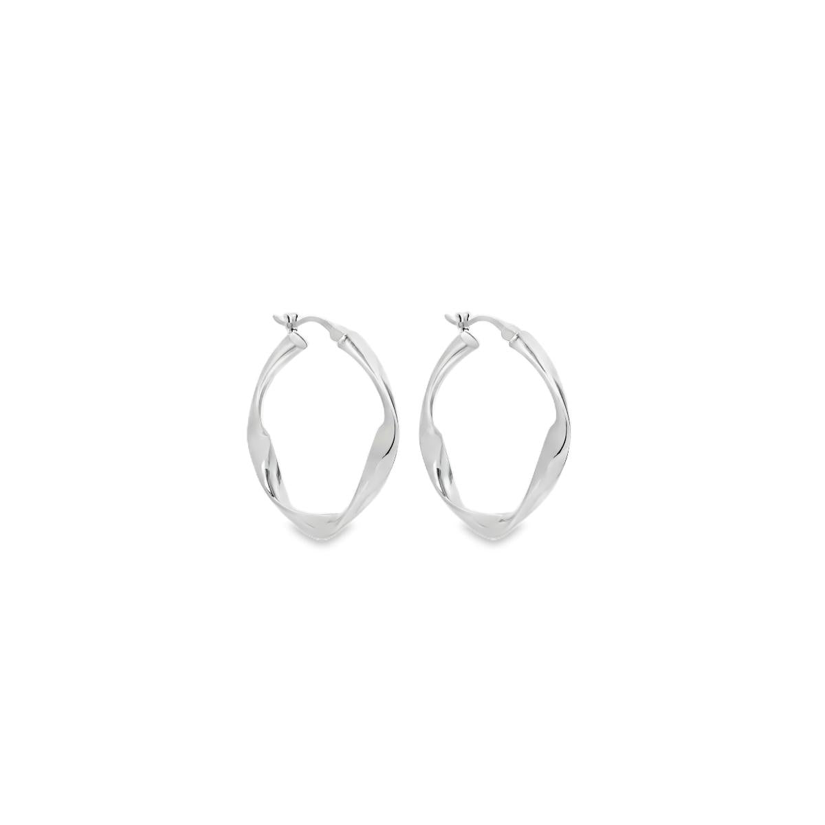 Sterling silver cushion-shaped twist ribbon hoop earrings.