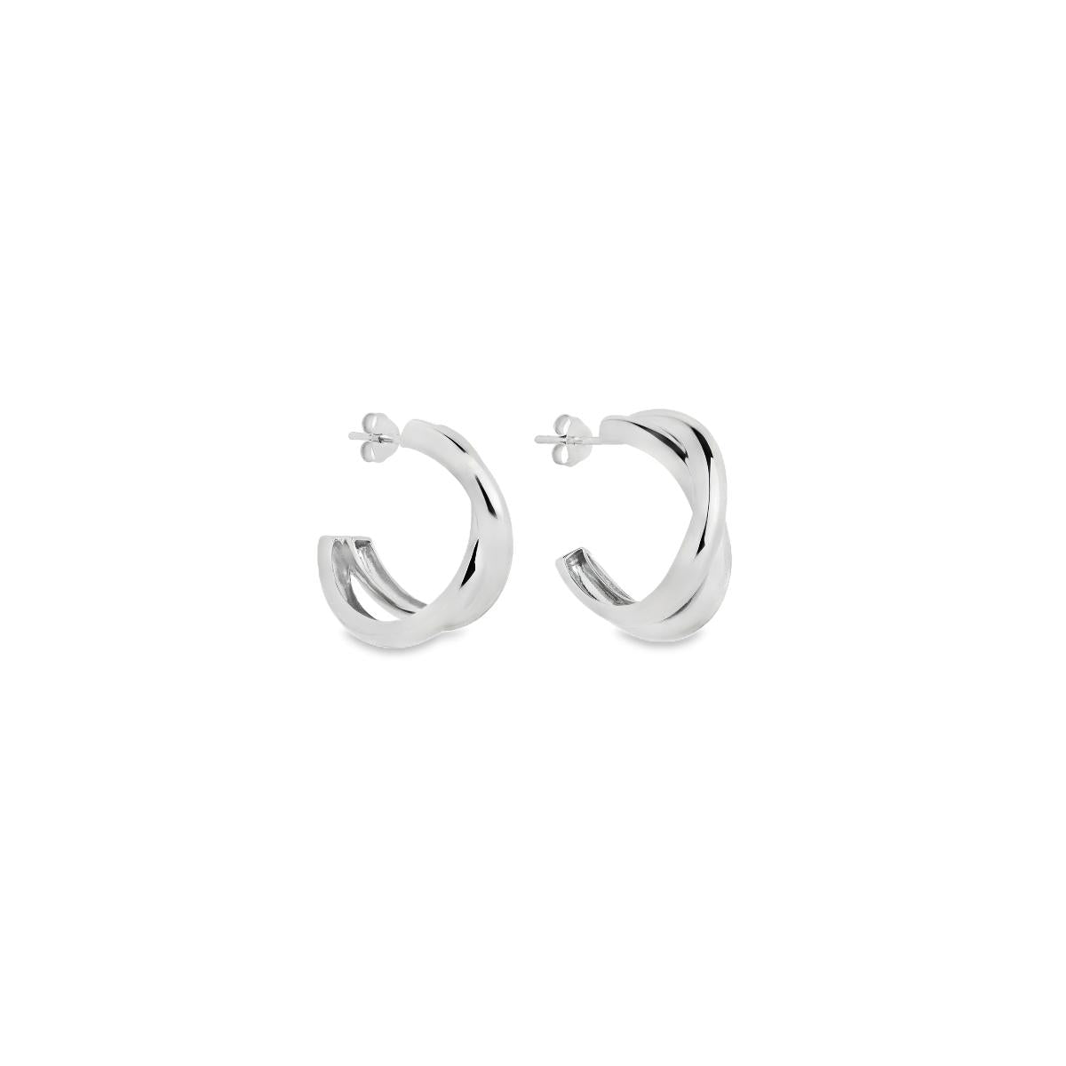Sterling silver double crossover cuff hoop earrings with polished finish.
