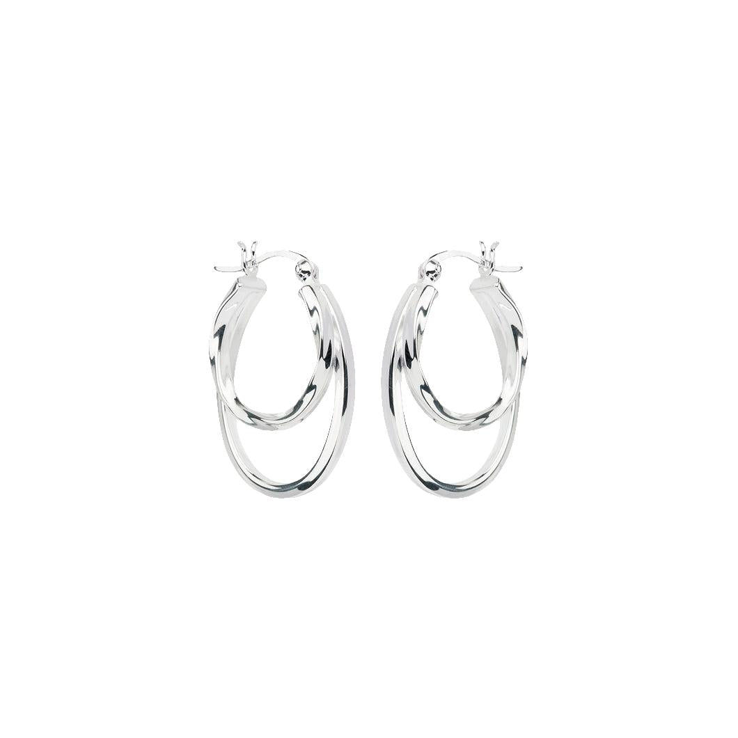 Sterling silver oval double hoop earrings with twisted inner hoop and square tube outer hoop