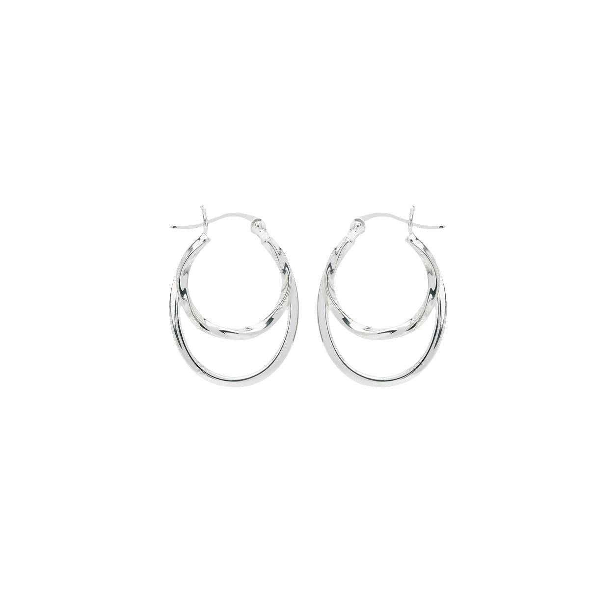 Sterling silver oval double hoop earrings with twisted inner hoop and square tube outer hoop