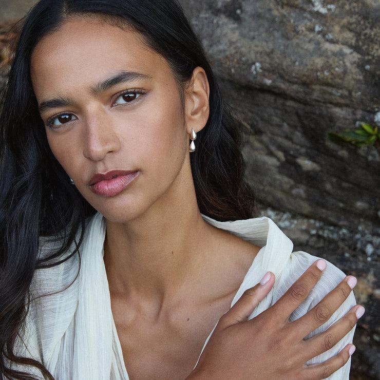 Sterling silver articulated double puff pear drop earrings 11.5x7mm