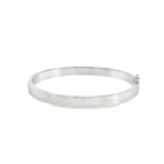 Sterling silver oval hinged bangle with slightly rounded flat profile.