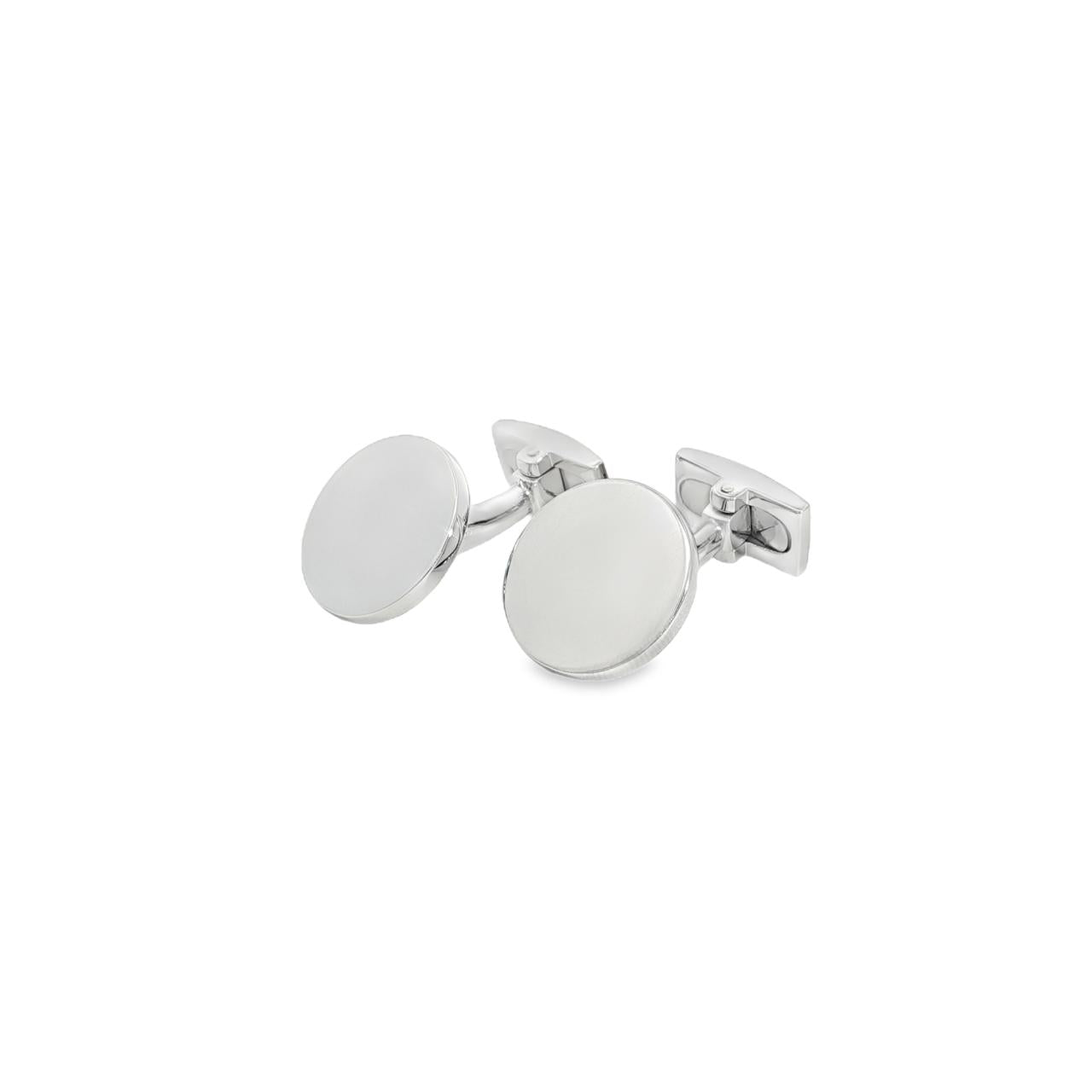 Sterling silver flat round cufflinks with polished finish.