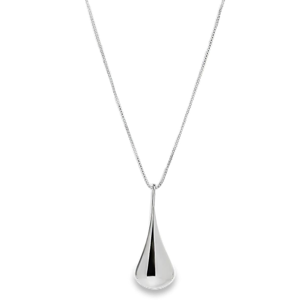 Sterling silver graduated puff raindrop pendant on box link chain.