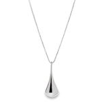 Sterling silver graduated puff raindrop pendant on box link chain.