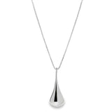 Sterling silver graduated puff raindrop pendant on box link chain.