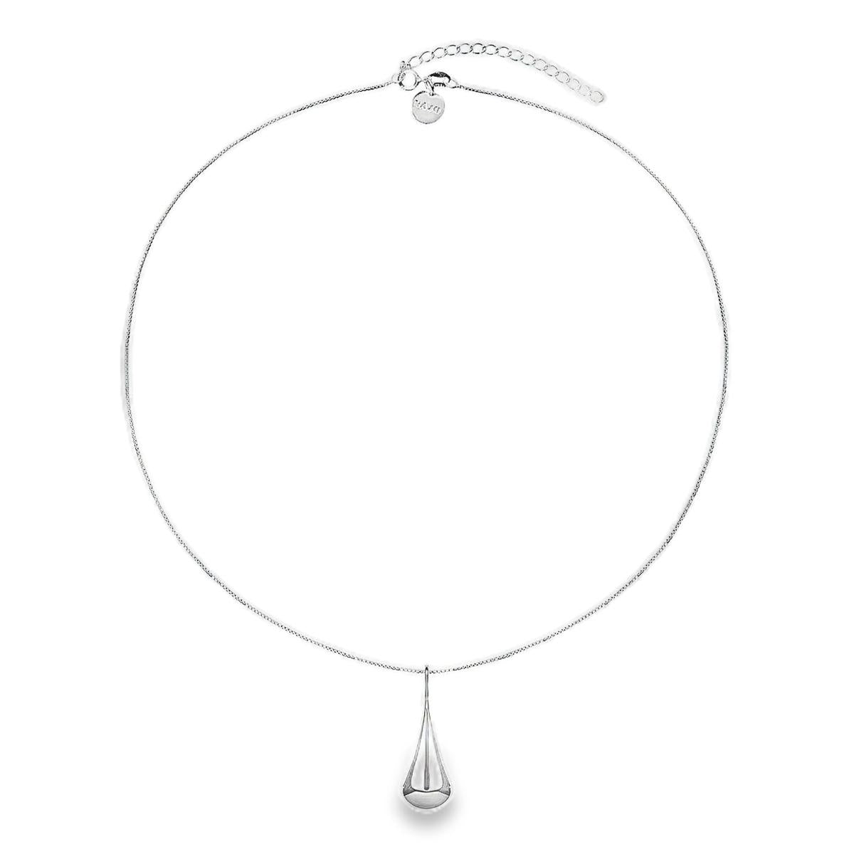 Sterling silver graduated puff raindrop pendant on box link chain.